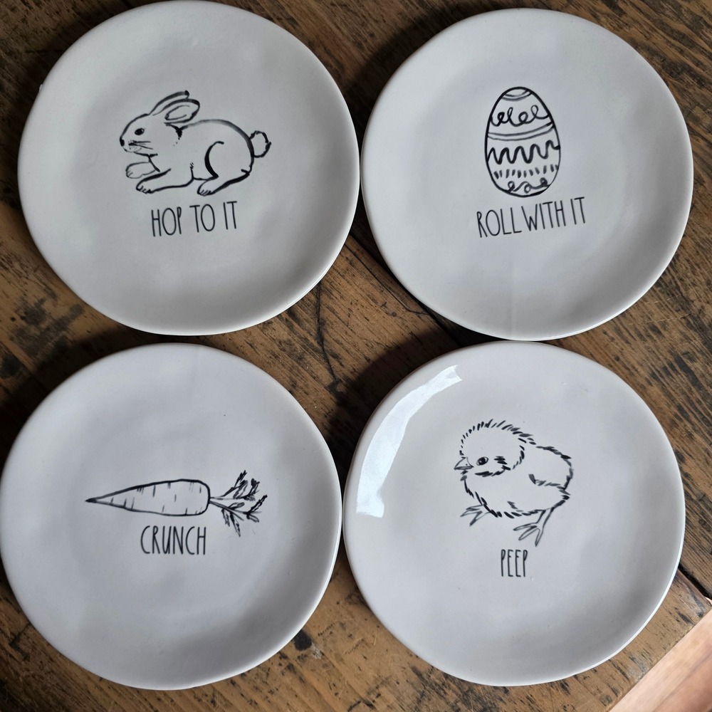 RAE DUNN Easter Appetizer Plates Set of 4 Bunny Chick Egg Carrot White‎ 6in Dish